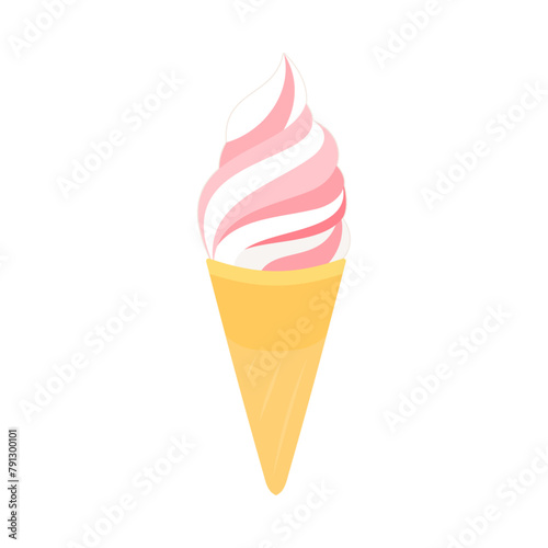 レギュラーコーンに入ったミックス味（イチゴとバニラ）のソフトクリーム。フラットなベクターイラスト。
Soft serve ice cream with mixed flavors (strawberry and vanilla) in a regular cone. Flat vector illustration.