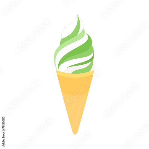 レギュラーコーンに入ったミックス味（いちごとバニラ）のソフトクリーム。フラットなベクターイラスト。
Soft serve ice cream with mixed flavors (matcha and vanilla) in a regular cone. Flat vector illustration.