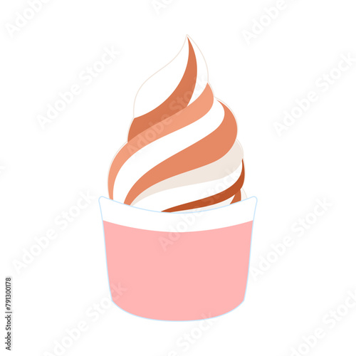 カップに入ったミックス味（チョコレートとバニラ）のソフトクリーム。フラットなベクターイラスト。
Soft serve ice cream with mixed flavors (chocolate and vanilla) in a cup. Flat vector illustration.