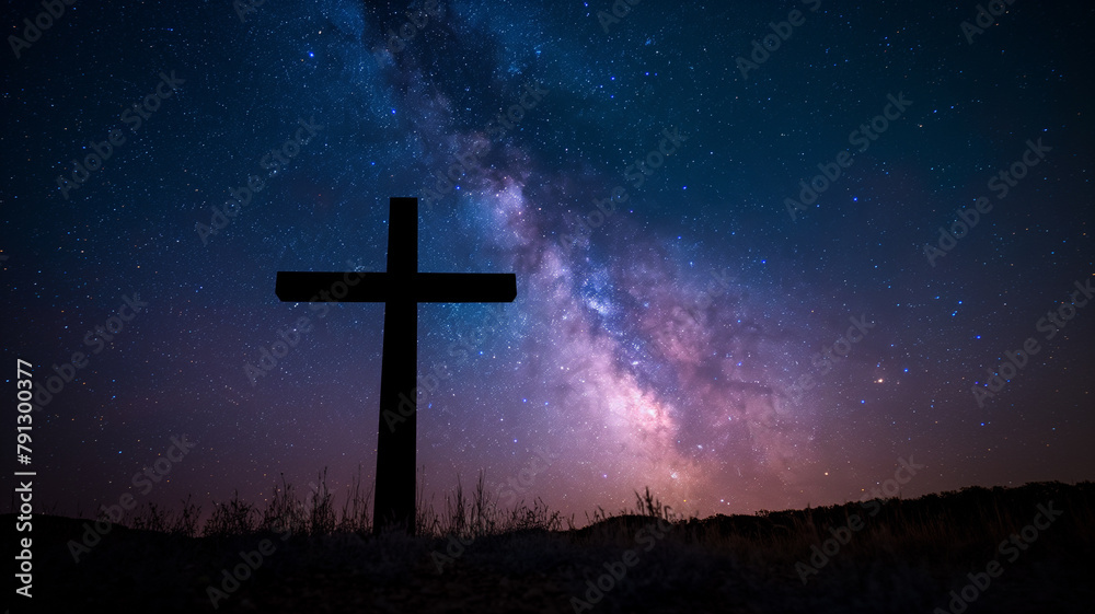 A cross is standing in a field of stars A cross is standing in a field of stars