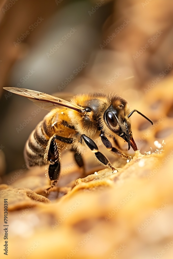 Fototapeta premium Hardworking Honeybee Returning to Hive with Pollen Sac Vital for Ecosystem Survival