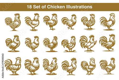 18 set of chicken illustrations design template for logo, branding, mascot, icon & merch
