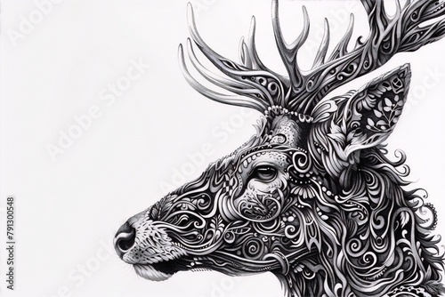 Ornate monochrome deer head profile; black and white intricate design evokes elegance and serenity.
 photo