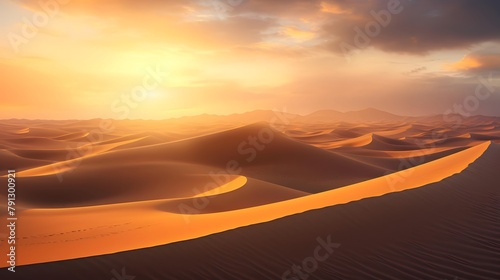 Panoramic view of sand dunes in the Sahara desert at sunset © Iman