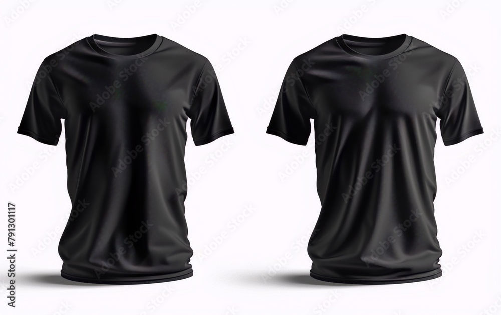 Two realistic black t-shirts on a white background, showcasing a classic and versatile fashion item in a clean and minimal style, suitable for various design applications. Two realistic black t-shirts on a white background, showcasing a classic and versatile fashion item in a clean and minimal style, suitable for various design applications.