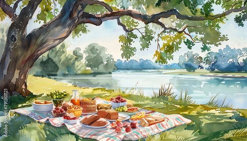 Capture a serene watercolor scene of a picnic by a tranquil lake, showcasing a colorful blanket spread with a variety of delectable dishes, under the shade of a grand oak tree photo