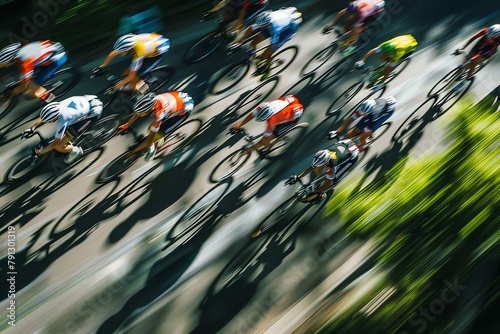 Capture the dynamic movement of cyclists in sleek, aerodynamic clothing, seen from a birds-eye perspective Show vibrant colors and intricate patterns to enhance the sense of spee. photo