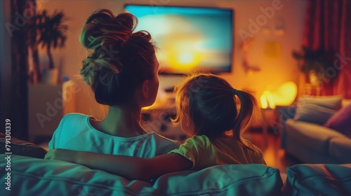 Family movie night. A mother and her daughter are watching TV together on the couch.