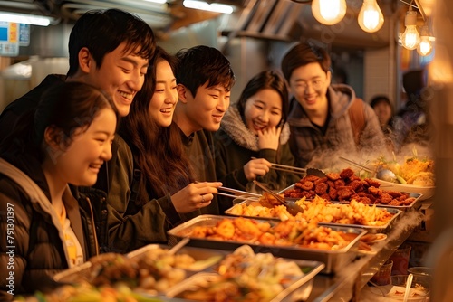 Friends Savoring a Flavorful Street Food Feast in the Heart of Seoul Capturing the Vibrant Culinary Culture of Korea