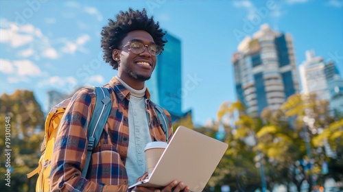 Cheerful young male student with afro hair wearing glasses and holding laptop outdoors in urban setting