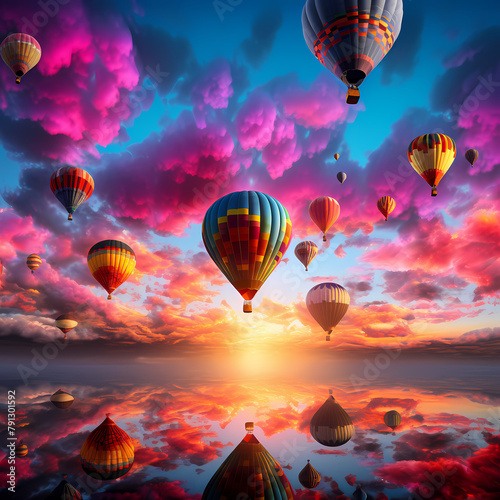 Colorful hot air balloons against a sunrise sky.