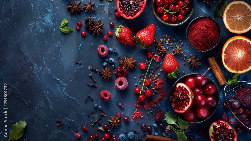 Red and blue fresh berries and spices on dark blue stone background. Food photography. Red and blue fresh berries and spices on dark blue stone background. Food photography.