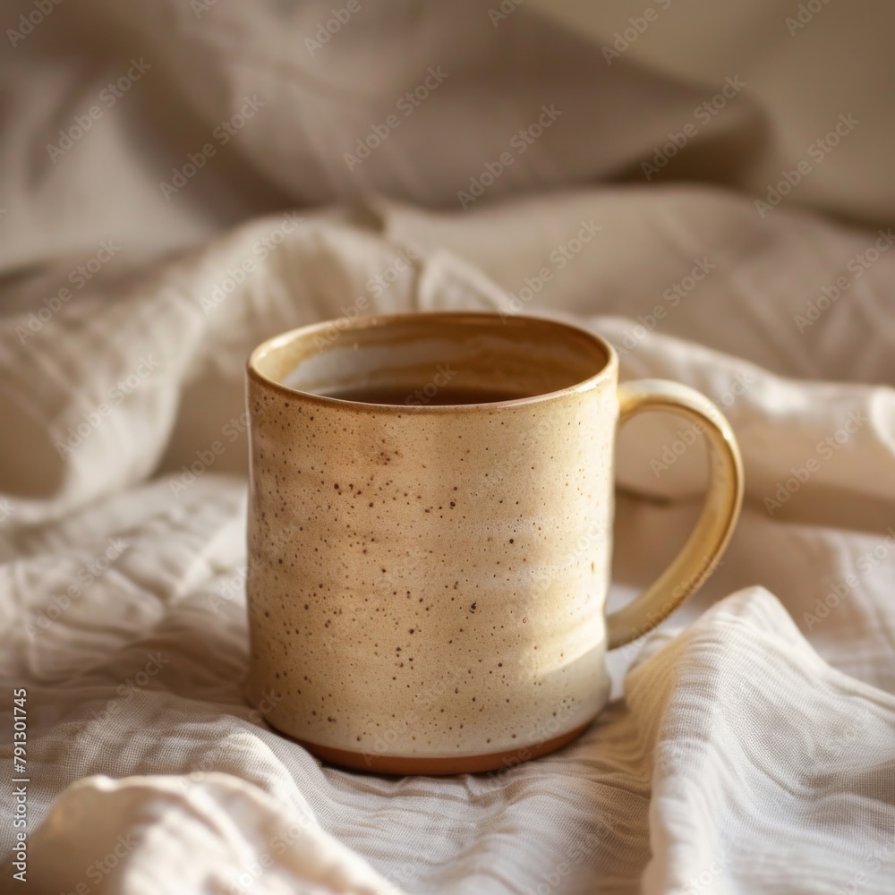 A white coffee mug with brown spots sits on a tablecloth