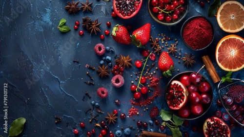 Red and blue fresh berries and spices on dark blue stone background. Food photography. photo
