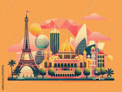 Vibrant geometric cityscape with iconic buildings in warm hues conveying a sense of global unity and cultural diversity  in a flat geometric style reminiscent of Art Deco movement.