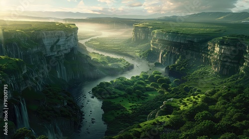 A serene meandering river cutting through a verdant valley  flanked by towering cliffs adorned with cascading waterfalls  creating a picturesque landscape of natural beauty.