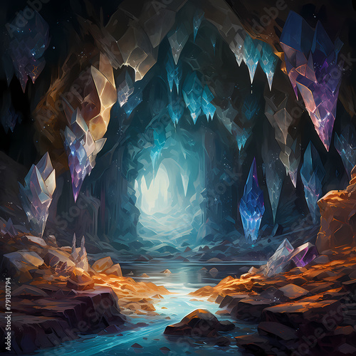 Crystal cavern with shimmering gemstones.