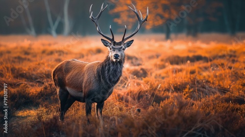 A majestic red deer stands in an autumn field  its antlers silhouetted against the setting sun in warm colors  evoking a sense of tranquility and the beauty of nature.