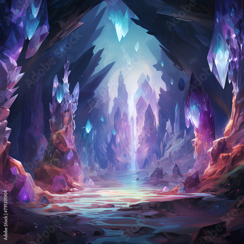 Crystal cavern with shimmering gemstones.