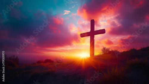 A cross is standing in a field with a sunset in the background
