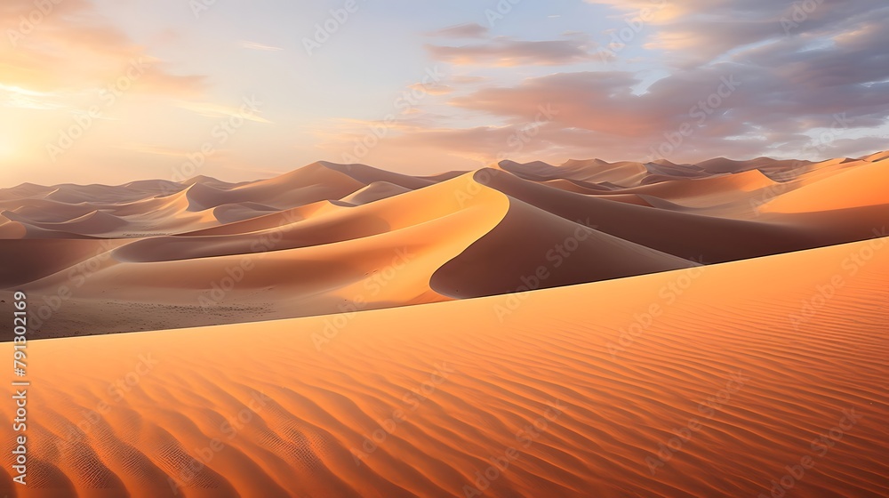 Sand dunes in the desert at sunset. Panoramic view.