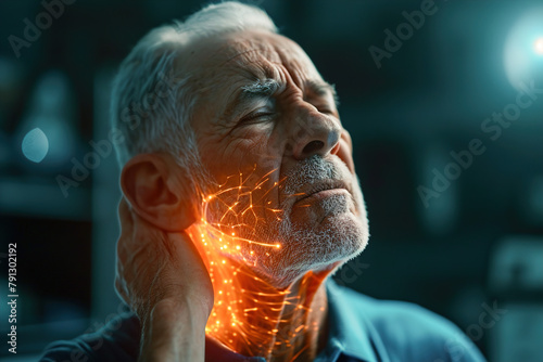 VFX the neck Pain Augmented Reality Animation. Massaging and Stretching the the neck to Ease the Injury. Close Up of a Senior Male Experiencing Discomfort in a Result of the neck Trauma.