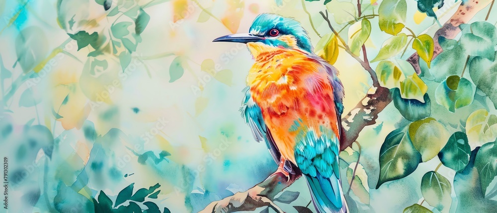 Capture the serene beauty of birdwatching in a watercolor painting Show a colorful, majestic bird perched on a branch, framed by lush greenery