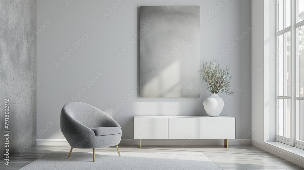 A white room with a grey chair and a white cabinet A white room with a grey chair and a white cabinet