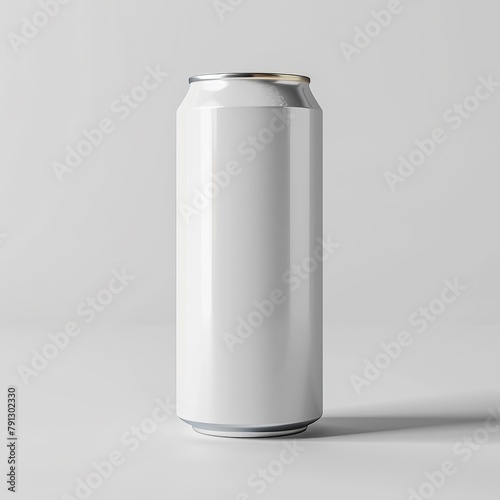 A can of soda is sitting on a white surface