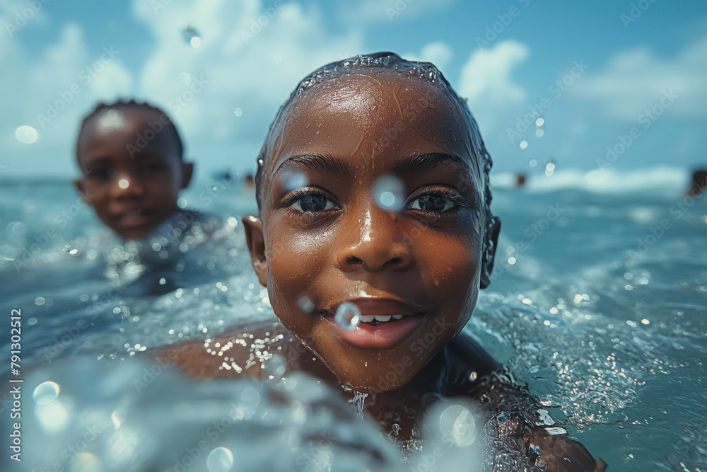 A young girl is in the water with her head above the surface. World oceans day concept.