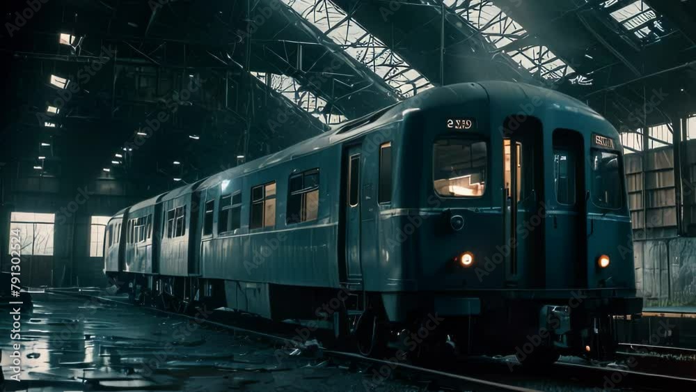 Video animation of moment inside a large industrial depot or hangar, where a blue train with white and yellow accents is stationed. The train’s front lights are on Video animation of moment inside a large industrial depot or hangar, where a blue train with white and yellow accents is stationed. The train’s front lights are on