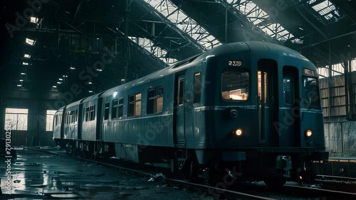 Video animation of moment inside a large industrial depot or hangar, where a blue train with white and yellow accents is stationed. The train’s front lights are on photo