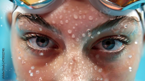 Closeup of a female swimmer goggles propped on her forehead as she celebrates winning a gold medal at an international competition. Despite being told that women are not built for . © Justlight
