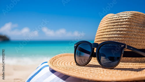 sun glasses and sunglasses on beach
