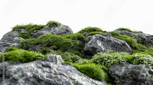 Rocks Covered by Moss Isolated on White Background. Stone Rock with Plant 