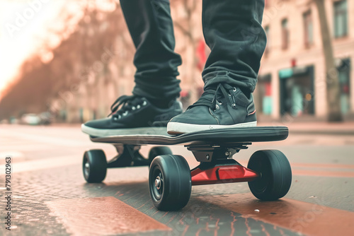 Electric Skateboard with built-in electric motors for propulsion. Close-up look. Skateboard in motion.