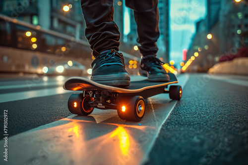 Electric Skateboard with built-in electric motors for propulsion. Skateboard on a big city street.