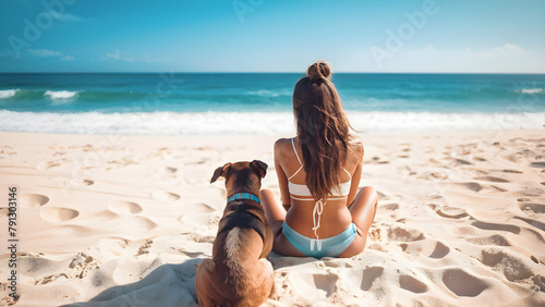 A beautiful woman enjoying a beach vacation with her dog