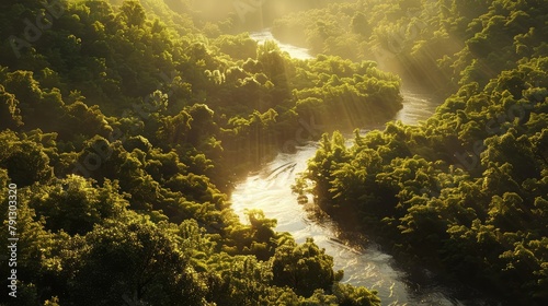 A winding river cutting through a dense forest, with sunlight streaming through the canopy to illuminate the water below.