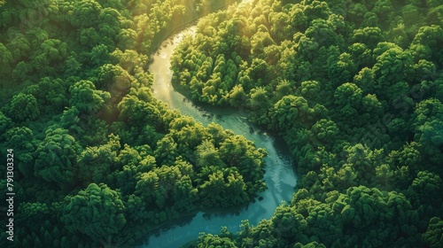 A winding river cutting through a dense forest, with sunlight streaming through the canopy to illuminate the water below.