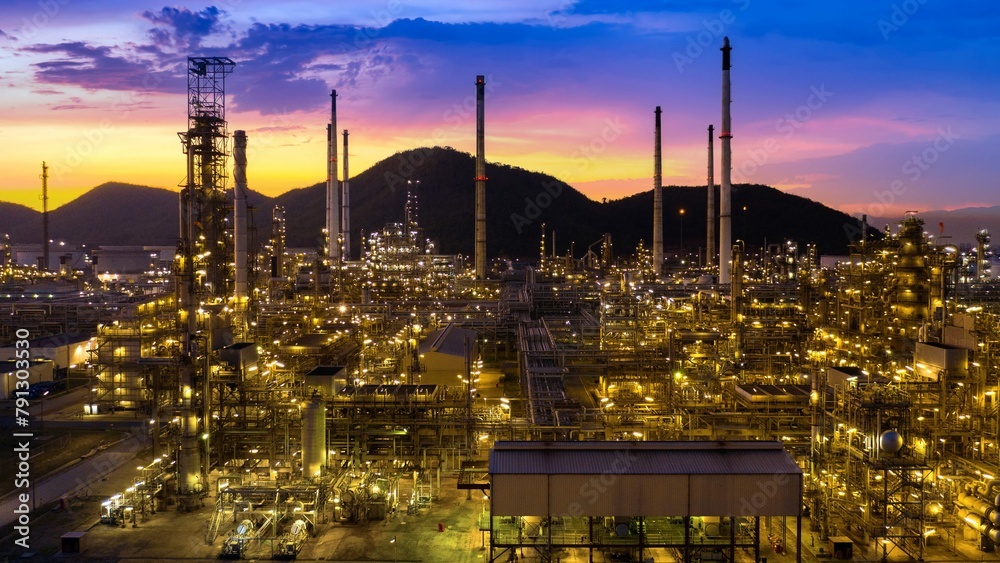 Aerial view oil refinery twilight