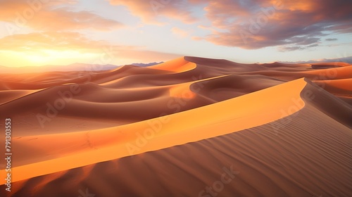 Desert dunes at sunset. Panoramic view of the Sahara desert