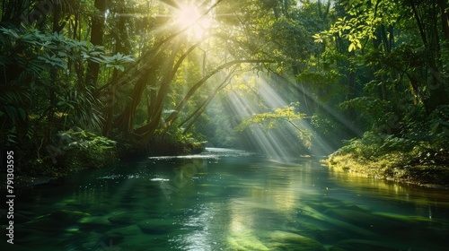 A winding river cutting through a dense forest, with sunlight streaming through the canopy to illuminate the water below. © sania