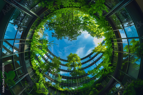 A circular glass building with green trees growing