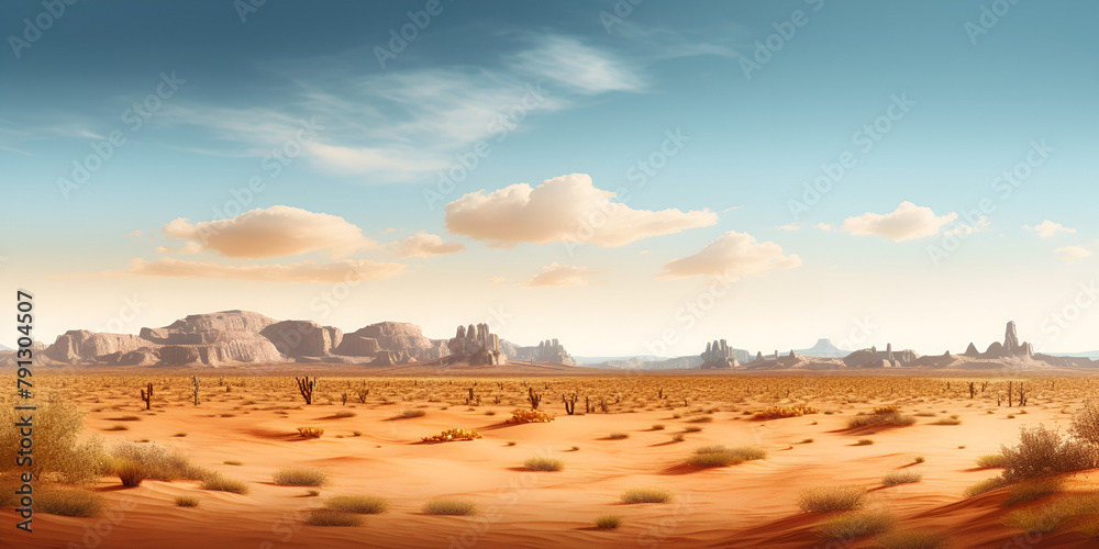 A desert scene with rocks and cactus plants California under the blue sky background
