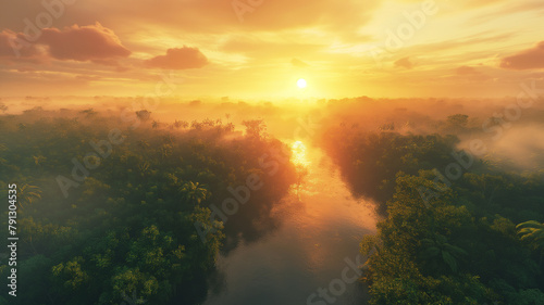 A beautiful sunset over a forest with a river running through it