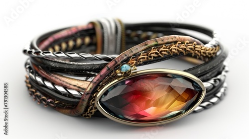 Blank mockup of a leather wrap bracelet with metallic accents and a vibrant gemstone centerpiece. .