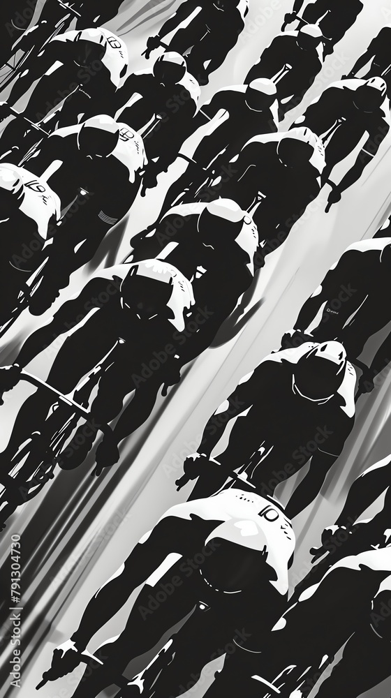 Illustrate a group of cyclists in high-tech, form-fitting attire from above Focus on the sleek lines and logos of the clothing brands, emphasizing the precision and modernity of the garments