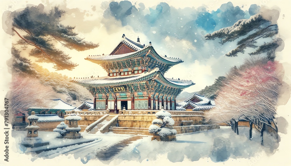 Watercolor painting of Bulguksa Temple, South Korea