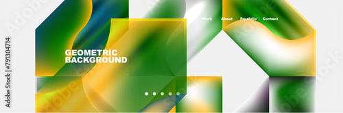 A pattern of green, yellow, and white geometric shapes resembling a terrestrial plant on a white background. The shapes are liquidlike, creating a grassinspired art piece with electric blue accents